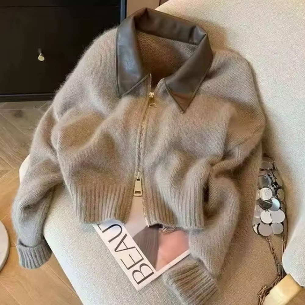 New Women's Beige Jacket with Leather Collar double zipper cardigan - Picture 3 of 3